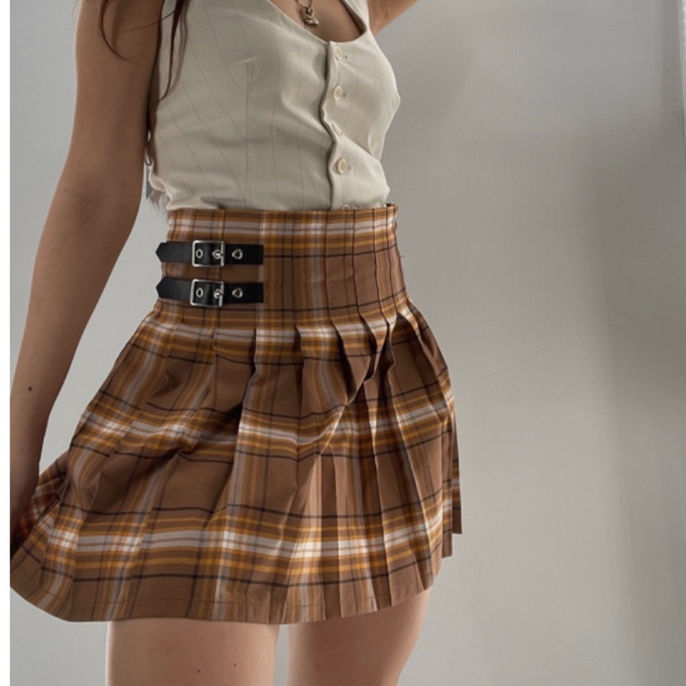 VINTAGE BROWN PLAID PLEATED MINI HIGH WAISTED EXTRA LARGE SKIRT